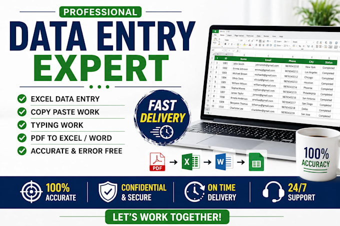 do professional data entry, PDF conversion and excel work