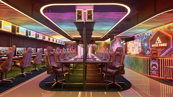 create 3d game lounge design, 3d game arcade, game arena, 3d game room