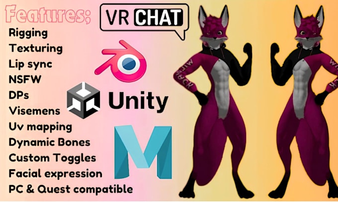 create custom vrchat avatar acccessories, outfits, props, optimized for PC quest
