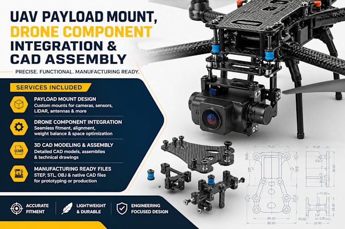 design uav payload, drone component integration, and cad assembly