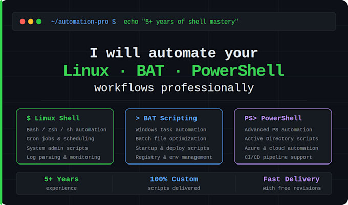 write professional linux shell, windows bat, and powershell automation scripts