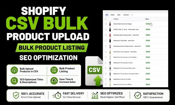 shopify csv bulk product upload, bulk product listing, seo optimization