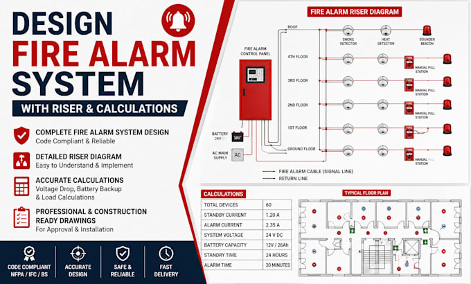 design fire alarm system with riser and calculations
