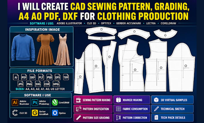 create cad sewing pattern, grading, a4 a0 PDF, dxf for clothing production