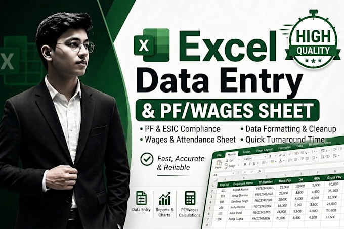 prepare excel data entry, pf, wages sheet, and payroll work