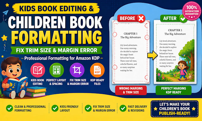 do kids book editing, children book formatting, fix trim size and margin error