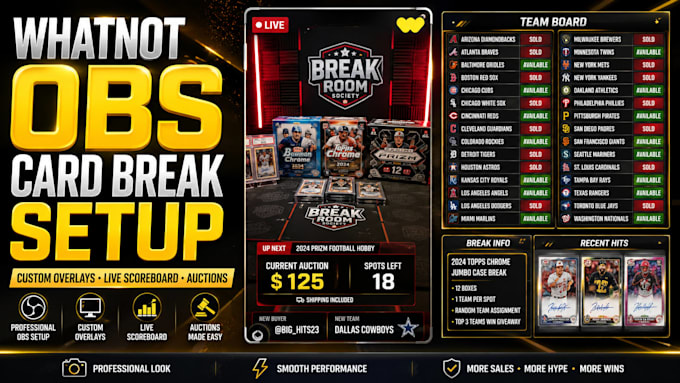 set up whatnot obs stream card break auction with custom overlays and scoreboard