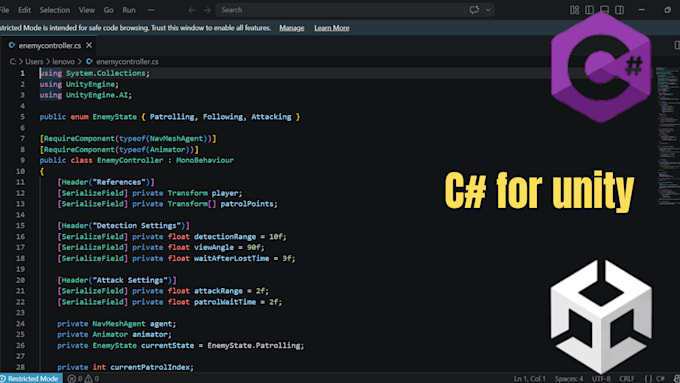 create c sharp language script for unity projects