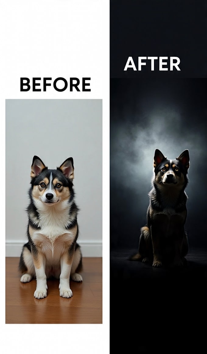 create a dark moody cinematic pet portrait