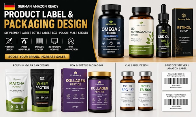 do german amazon product label brand packaging barcode sticker vial label design