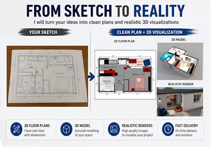 create 2d plans and 3d house model from your sketch