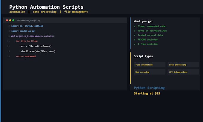 write python scripts for automation, data processing and file management