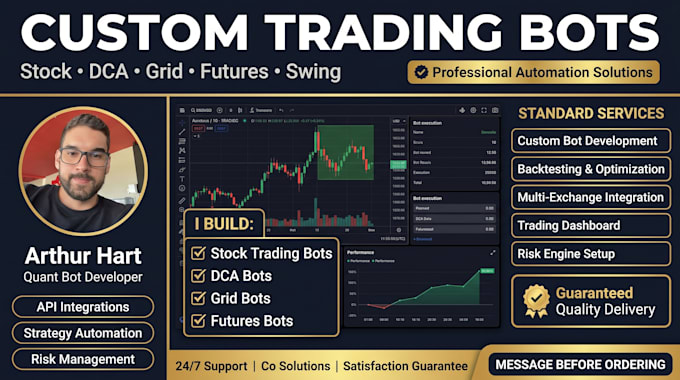 build profitable stock trading bot, dca bot, grid bot, futures and swing bot