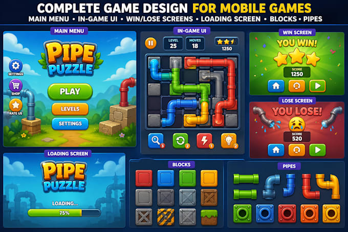 do mobile game design full game UI and level art
