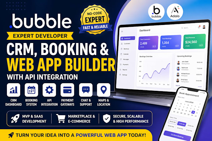 build bubble io crm dashboard, booking system and web app with api integration