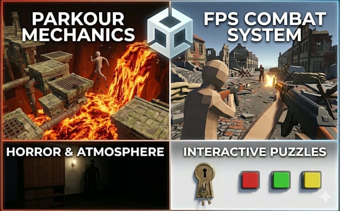 develop a professional 3d unity game with horror parkour and fps mechanics