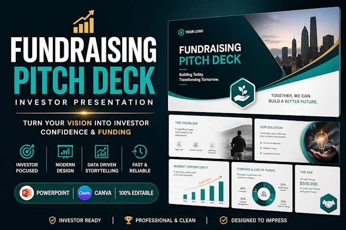 create investor pitch presentation, fundraising pitch deck, powerpoint canva