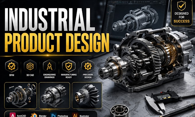 design industrial products with dfm, autocad 3d cad modelling, blender rendering