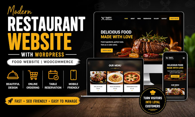 create a modern restaurant website with wordpress or wocommerce, food website