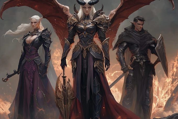 create dynamic dnd fantasy oc artwork featuring a dragon slaying hero