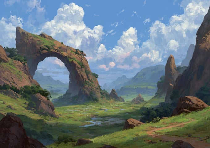 draw landscape illustration and background concept art, nft