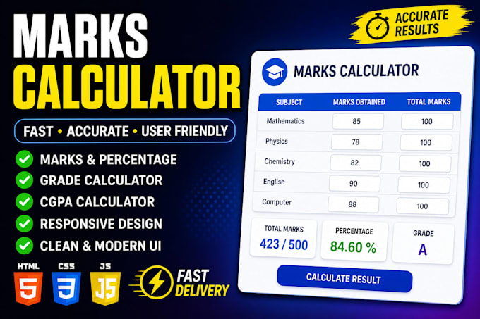 create marks percentage calculator using HTML CSS javascript