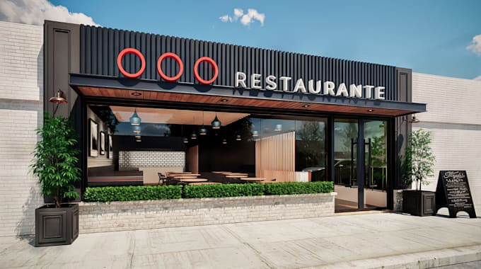 redesign 3d restaurant interior, bar cgi rendering, outdoor cafe, 2d layout plan