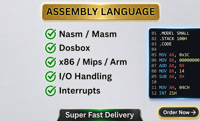 do x86 assembly language, nasm, mips, arm for 8086 on dosbox