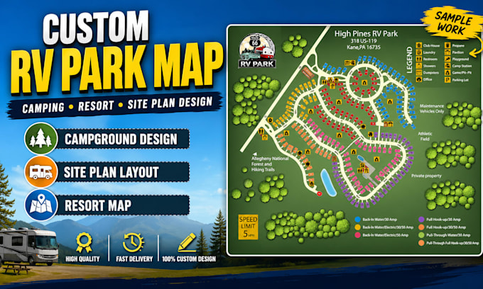 design professional rv park, campground, site map and layout plan
