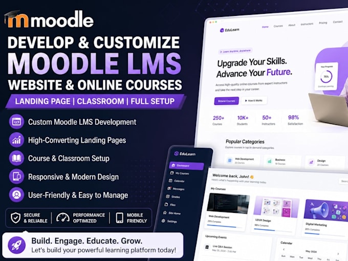 develop moodle lms website online course landing page customization classroom