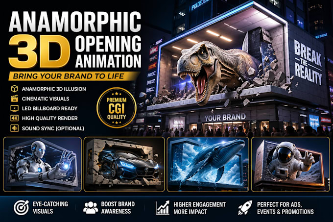 do cinematic anamorphic 3d animation for event or product launch led screen