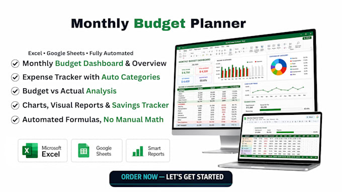 create monthly budget planner spreadsheet, dashboards, expenses tracker, excel
