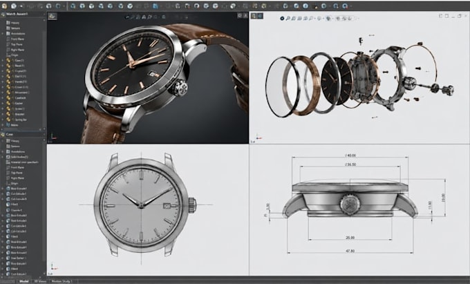 design custom 3d watch cad model, manufacturing technical drawings and animation