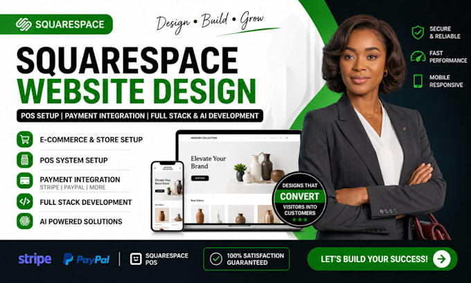 design squarespace website, setup pos, payments, and full stack dev services pro