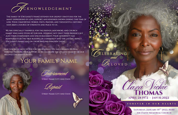 design funeral program, obituary, and memorial templates