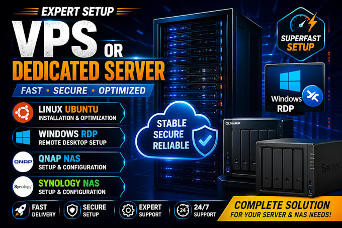 setup vps or dedicated server, linux ubuntu, qnap, windows rdp and synology nas