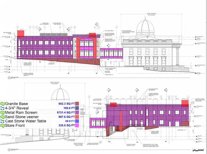 provide professional facade material takeoff, exterior elevation markup,bluebeam