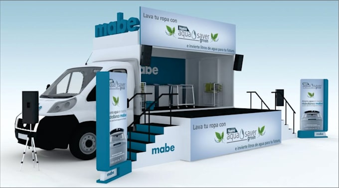 design a realistic 3d truck stage trailer for events and manufacturing