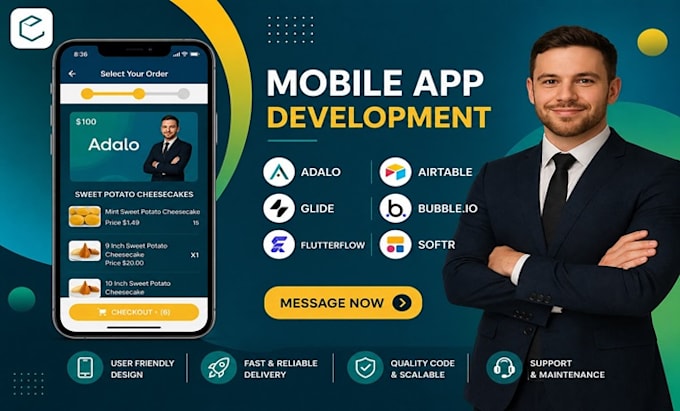 mobile app development, adalo, glide, flutterflow, airtable, bubble io, softr