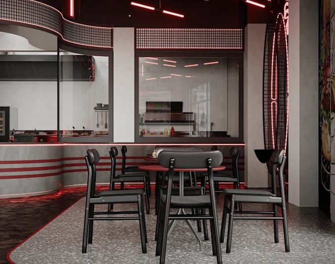 remold commercial kitchen,3d interior rendering, retail store, lounge rooftop