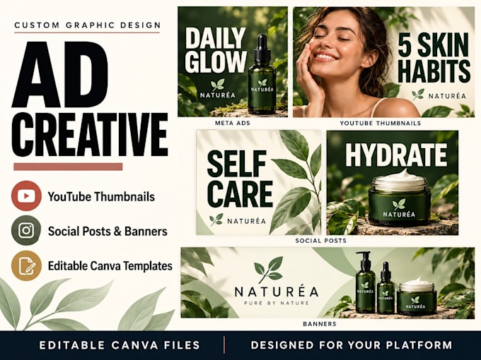 design ad creative, youtube thumbnails, social posts, logo and banners in canva
