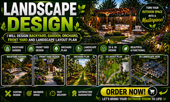 create modern landscape design for backyard, front yard, garden and orchard