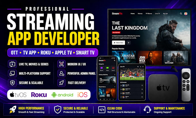 develop ott streaming app, tvos, roku, apple TV, smart TV mobile app