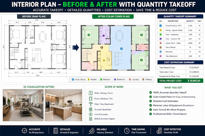 markup quantity takeoff from 2d floor plan, design cost estimation for USA house