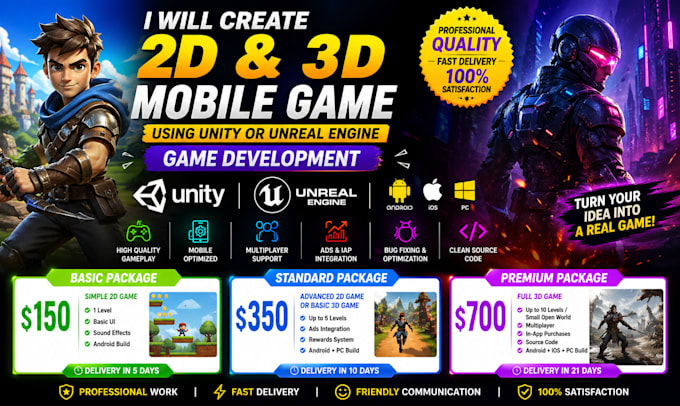 create 2d 3d mobile game using unity or unreal engine game development