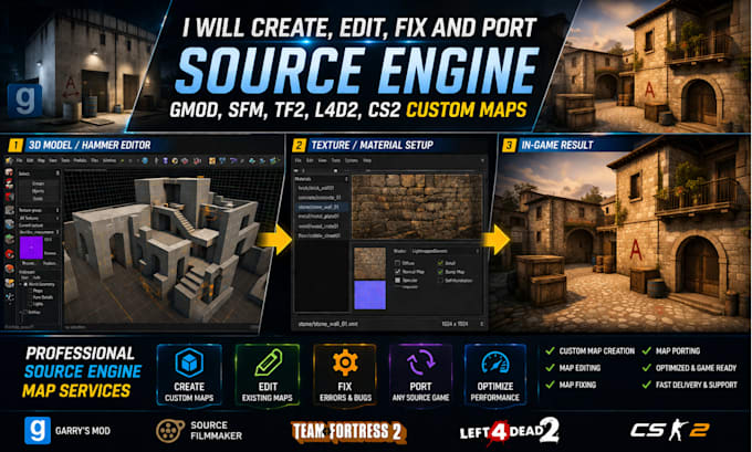 create, edit, fix and port source engine gmod, sfm, tf2, l4d2, cs2 custom maps