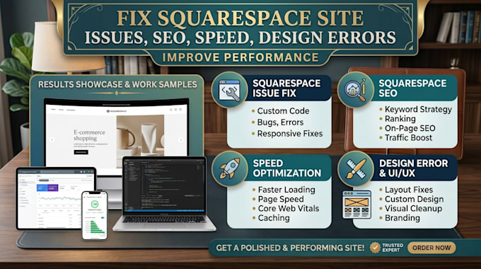 fix squarespace issue, SEO, speed, design error and improve performance