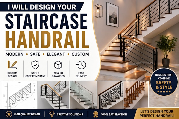 design modern staircase handrail with 2d and 3d drawings
