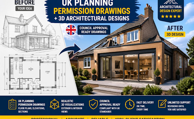 Create uk planning permission drawing and 3darchitect design for house ...