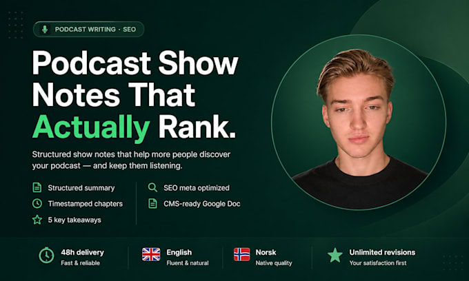 write SEO optimized podcast show notes with timestamps and takeaways